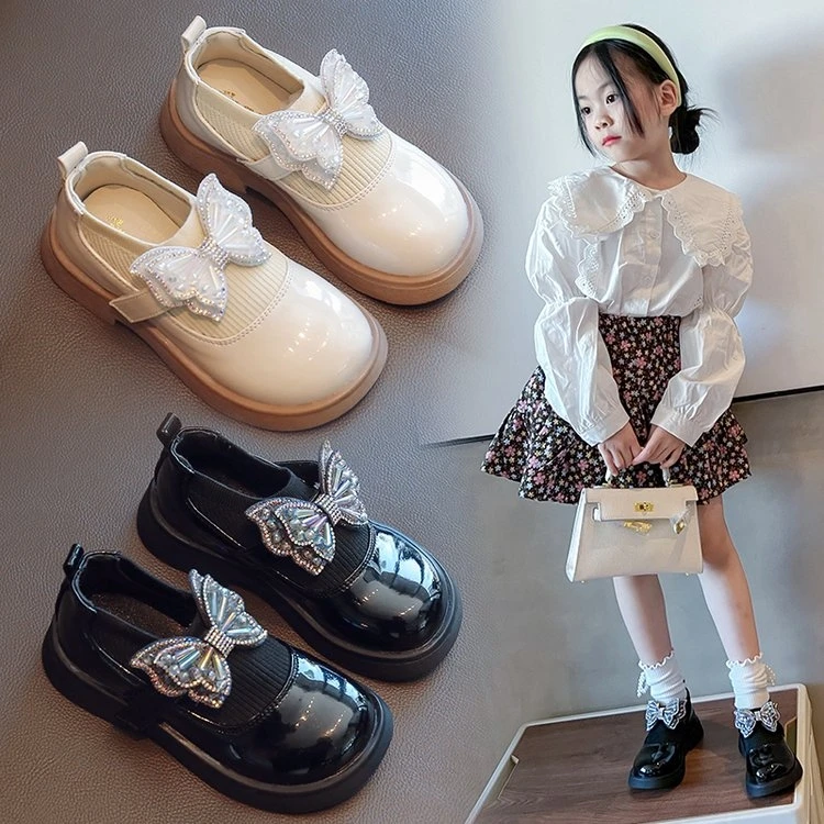 女童小皮鞋2024秋季新款针织公主风蝴蝶结软底女孩公主鞋单鞋H91