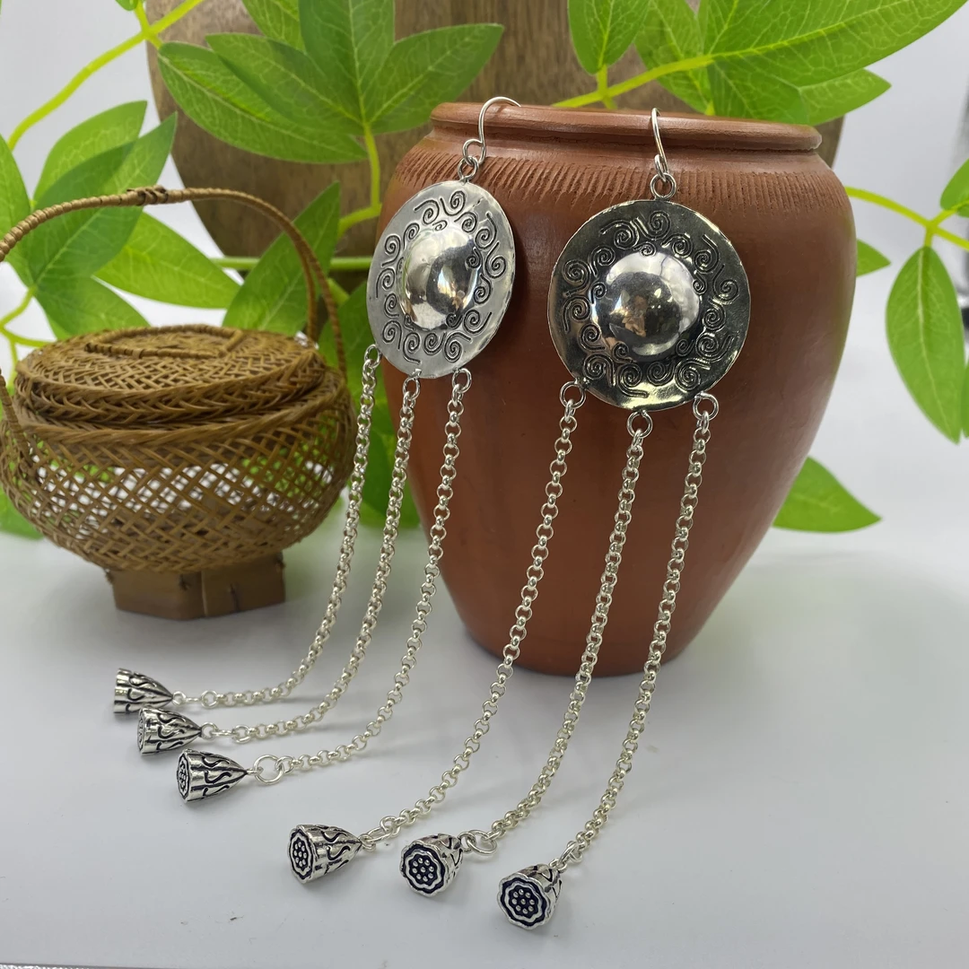 925银耳饰 s925泰国原创设计百搭复古民族风圆形流苏耳饰纯手工