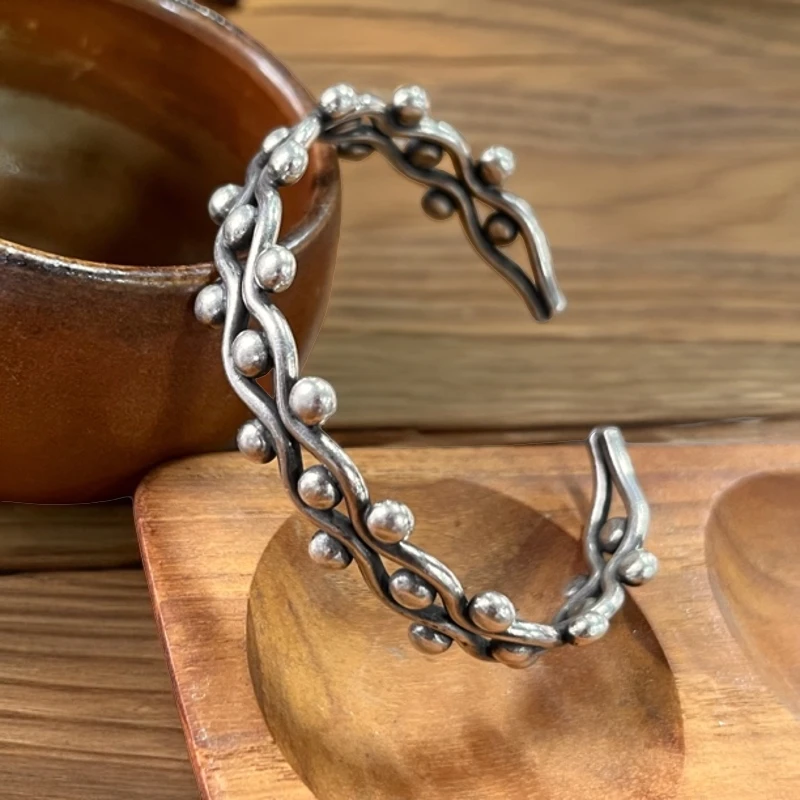 925银手镯 泰国清迈手工个性设计款时尚休闲重工可调节银色手镯
