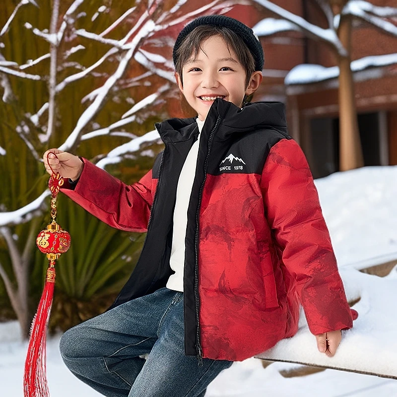 Romon/罗蒙男童羽绒服2024新款冬季儿童羽绒服外套保暖连帽红色