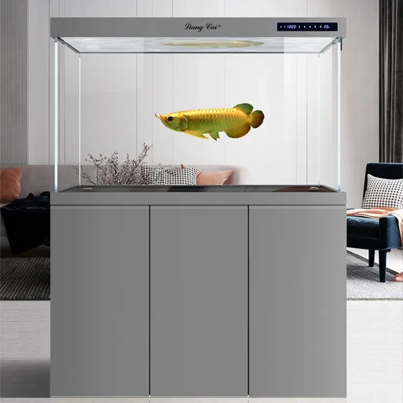 生态底滤中大型无管件展示现代风客厅灯光超白玻璃智能水族箱包边