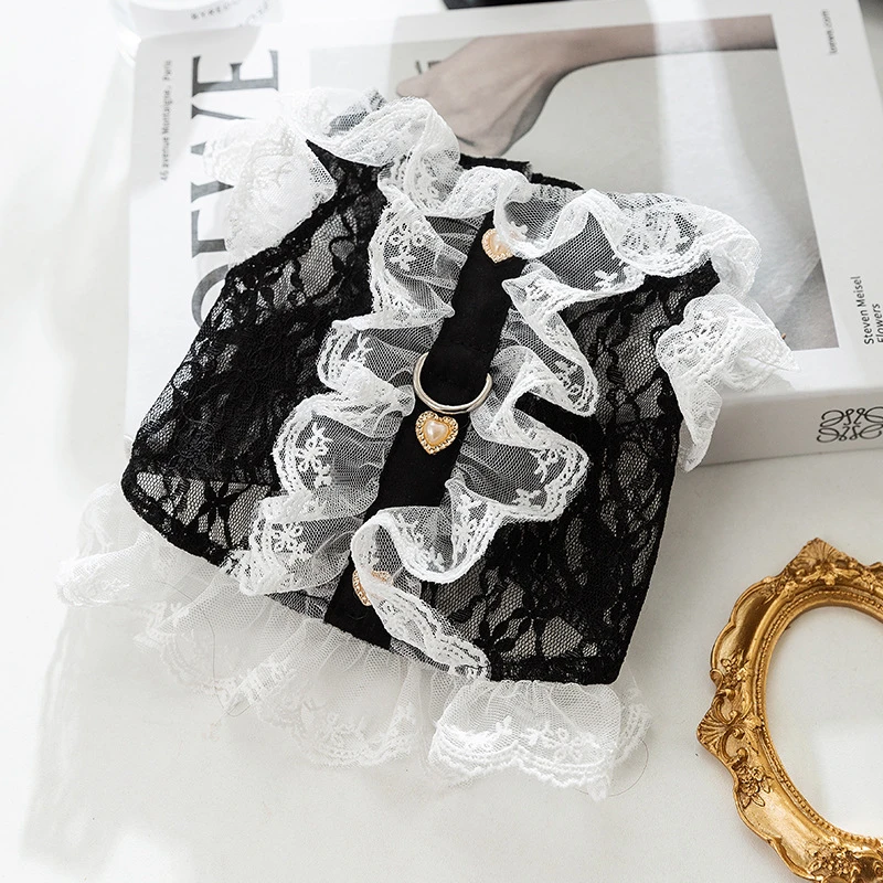 [达人]猫咪春夏季黑白色性感蕾丝牵引背心狗狗宠物布偶猫衣服0033