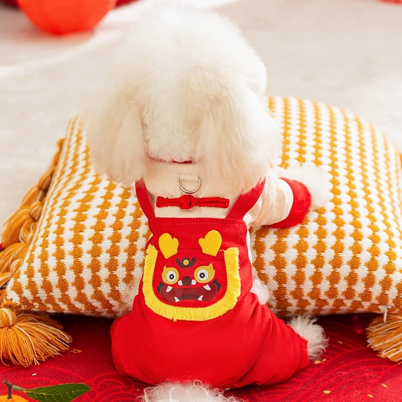 24年新款狗狗衣服喜庆过年背带醒狮新年四脚保暖泰迪宠物棉衣0284
