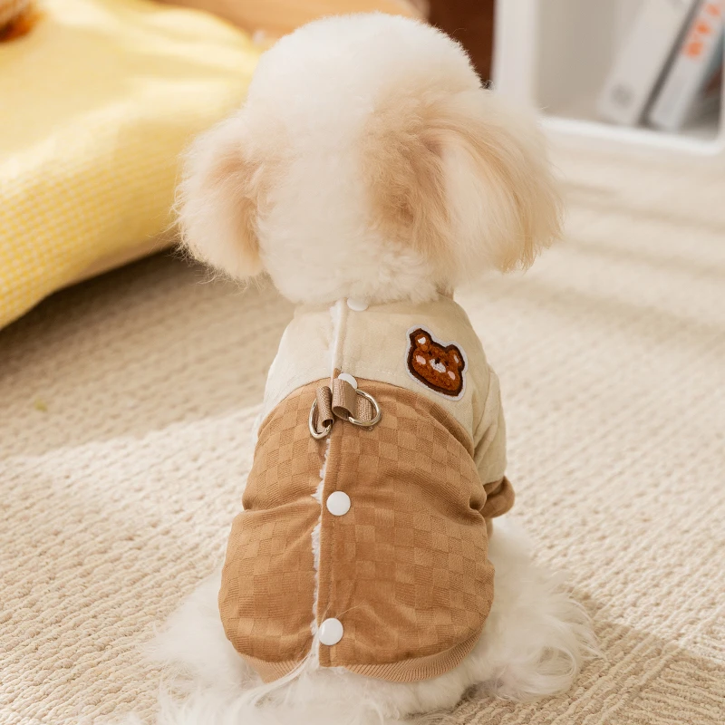 狗狗加厚保暖棋盘格拼接牵引两脚棉衣幼犬秋冬季泰迪宠物衣服0180