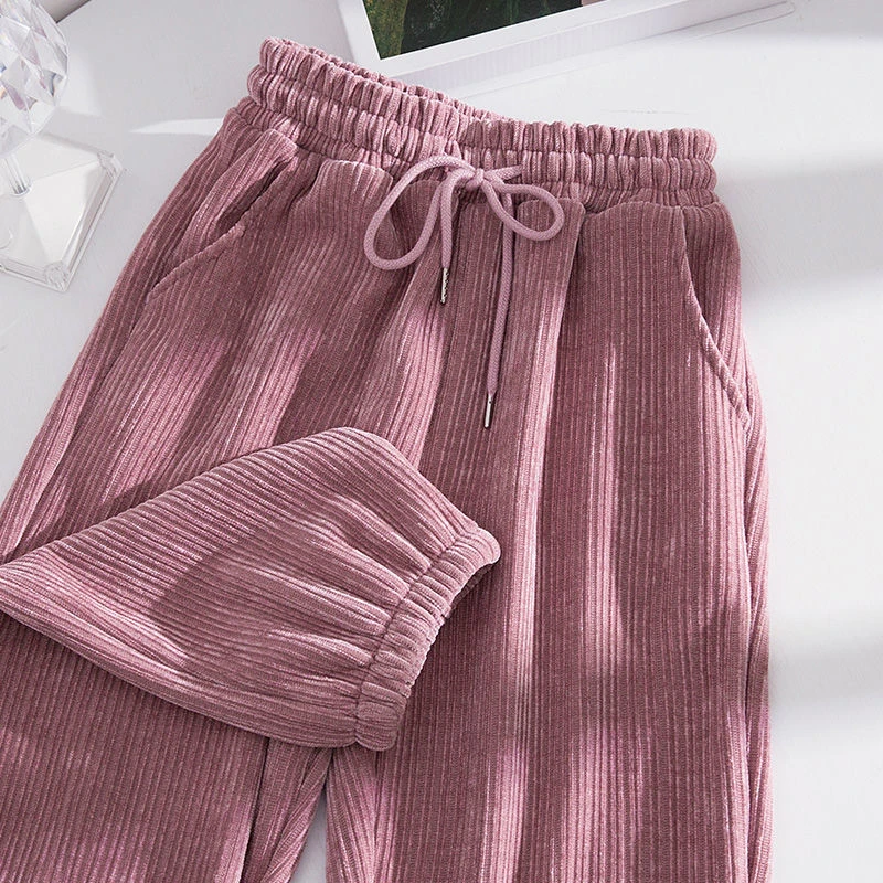 【糖果】中大童雪尼尔休闲运动裤加绒女学生冬高腰阔腿裤宽松灯芯