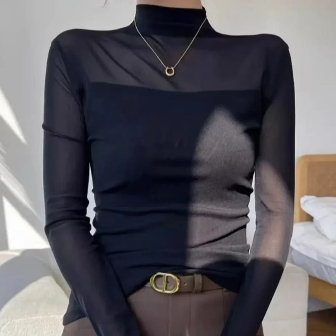 滨莉家@半高领网纱【摇粒绒】打底T恤显瘦高级感气质上衣