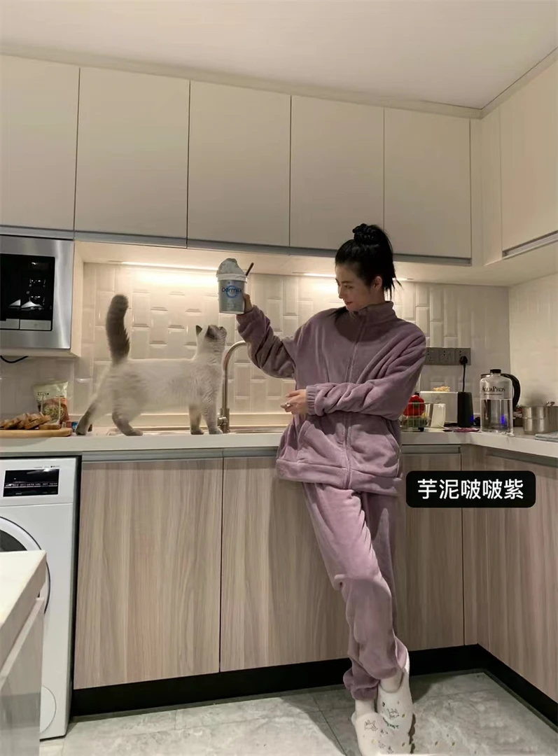 滨莉家 秋冬新款休闲珊瑚绒家居外穿拉链套装