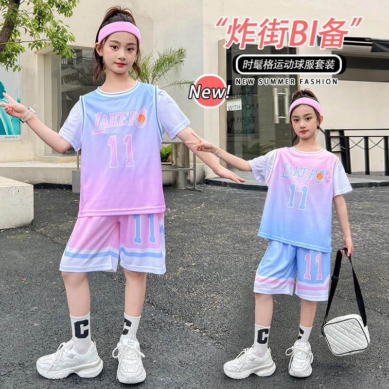 儿童夏季女童篮球服套装11号短袖球衣中大童速干运动服假两件童装