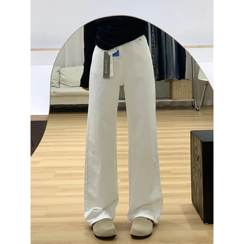 白色窄版直筒牛仔裤女2025年夏季新款小个子高腰阔腿裤子长裤