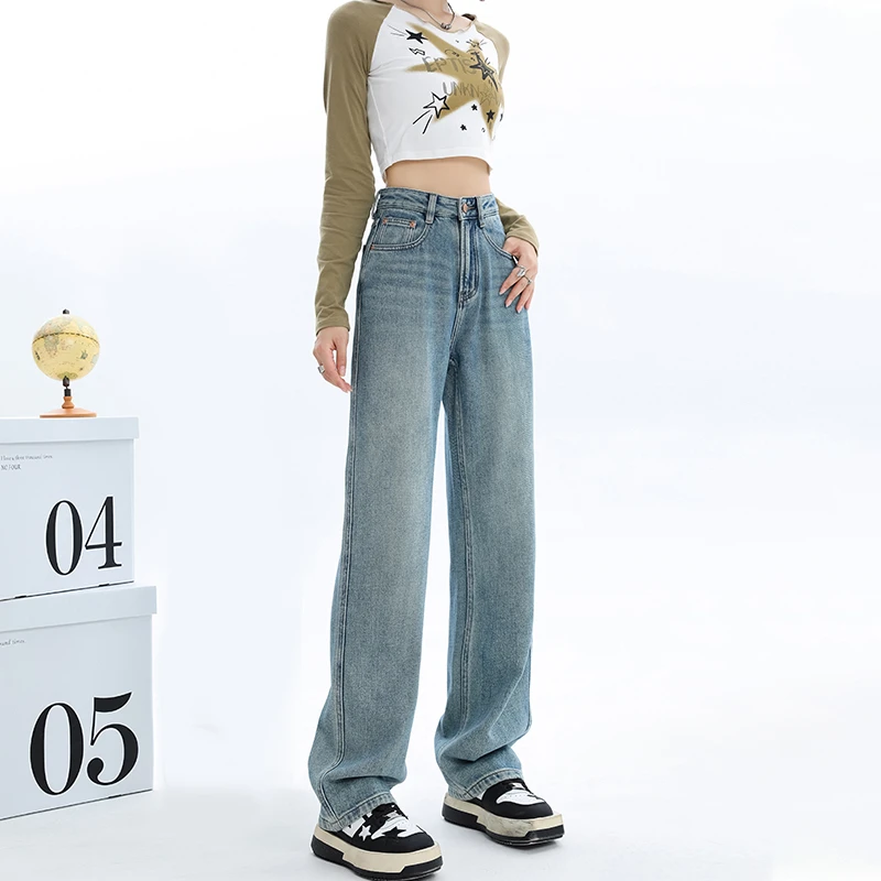 浅色窄版阔腿牛仔裤女2025秋冬新款宽松高腰显瘦直筒垂感拖地裤子