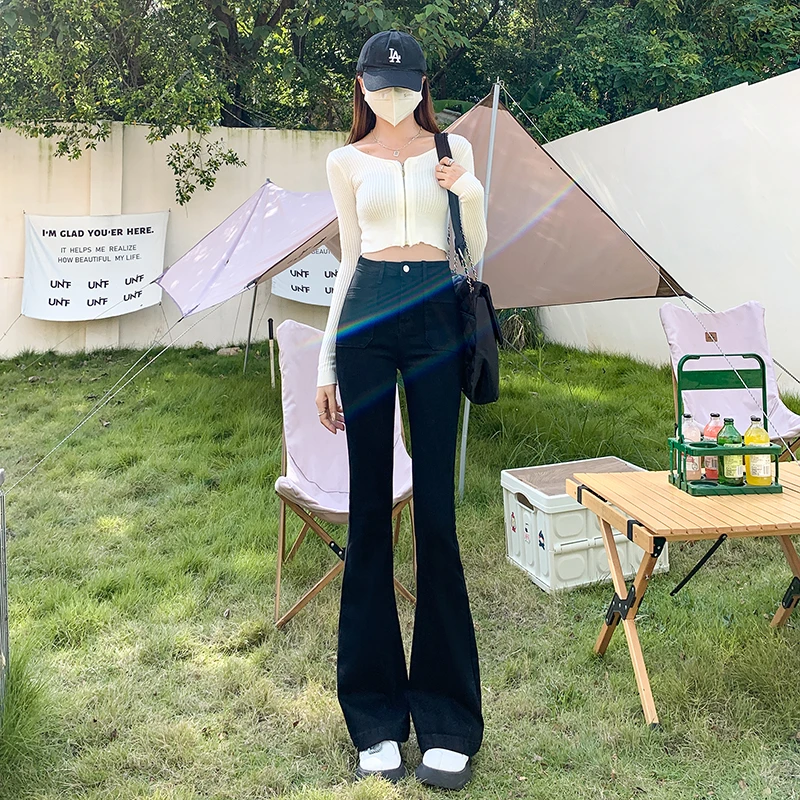 黑色高腰显瘦微喇牛仔裤女2025夏季新款弹力修身喇叭直筒拖地裤子