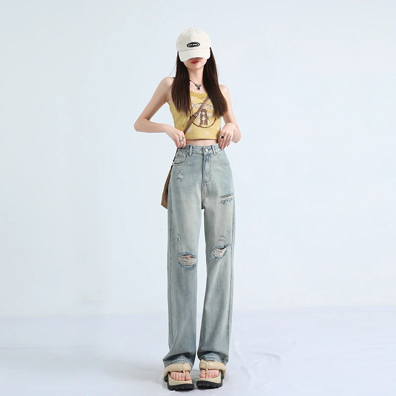 浅色高腰破洞阔腿牛仔裤女2025夏季新款宽松显瘦垂感直筒拖地裤子