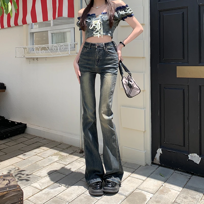高腰微喇牛仔裤女2023秋冬加绒显瘦辣妹修身百搭设计感喇叭拖地裤