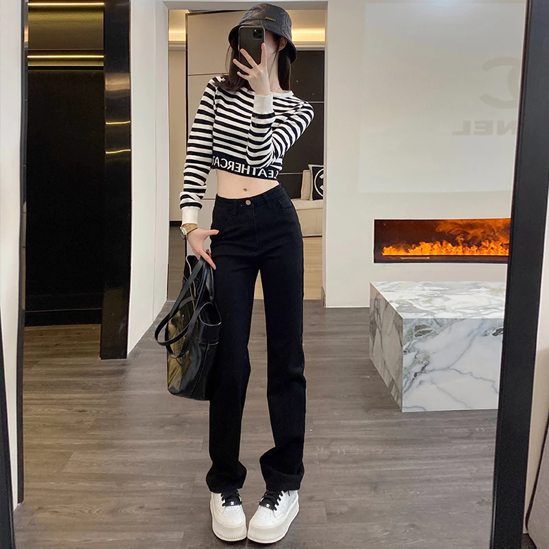 黑色加绒高腰牛仔直筒裤女2023秋季新款设计感显瘦小个子堆堆裤子