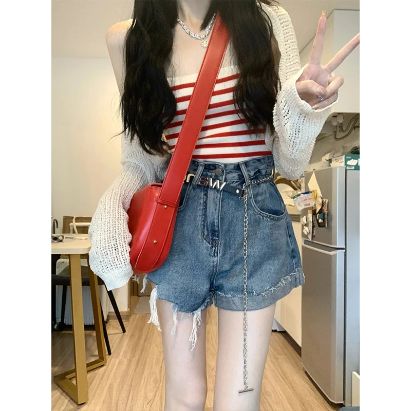 (含腰带)高腰破洞牛仔短裤女夏季新款小个子设计感A字显瘦裤子