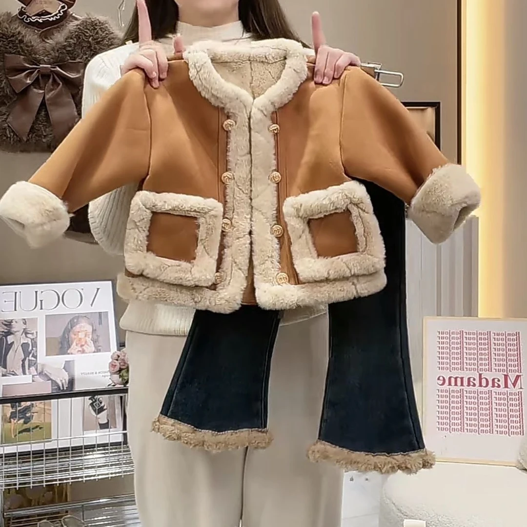 巴拉女童冬装套装2023新款女宝洋气皮毛外套儿童加绒加厚牛仔裤两
