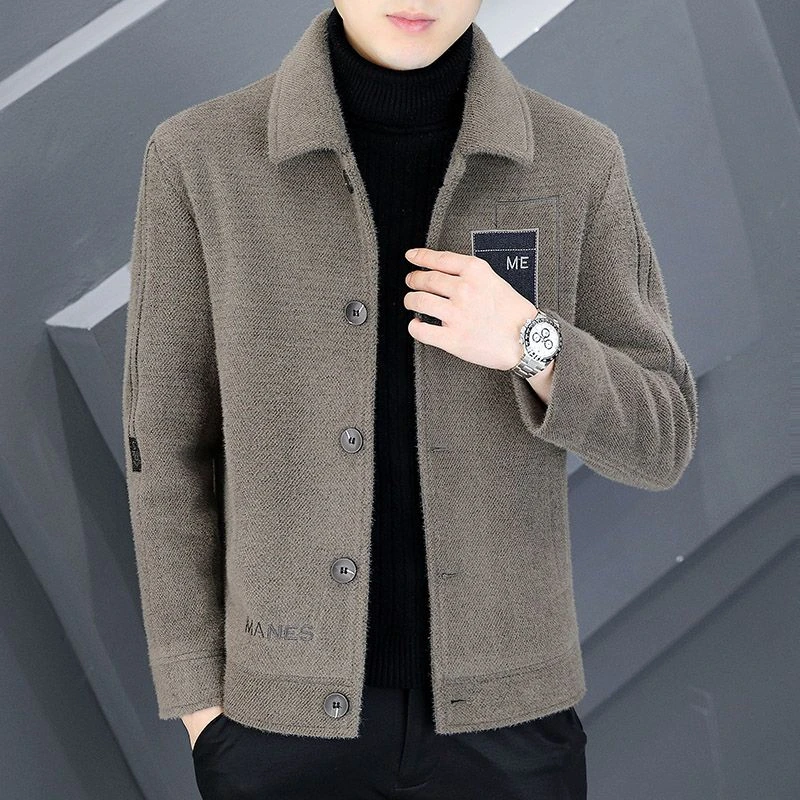 秋冬季新款男士毛呢外套修身休闲金||貂绒翻领夹克短款加厚呢子风