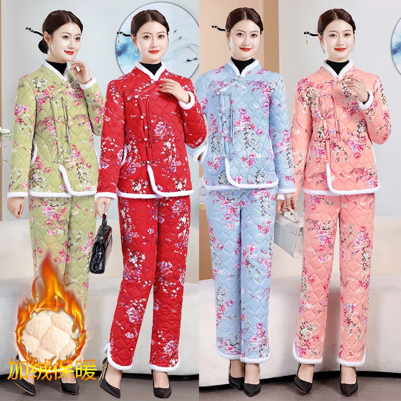 新款冬季加绒加厚中老年民族棉服棉裤套装保暖棉衣棉袄两件套