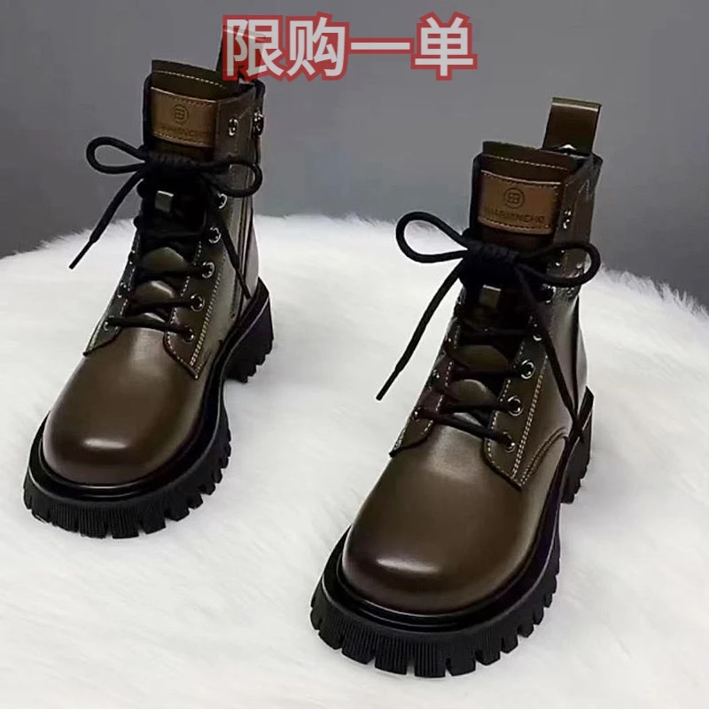 红蜻蜓牌软皮厚底马丁靴女春秋单靴冬加绒2023新款复古英伦风短靴