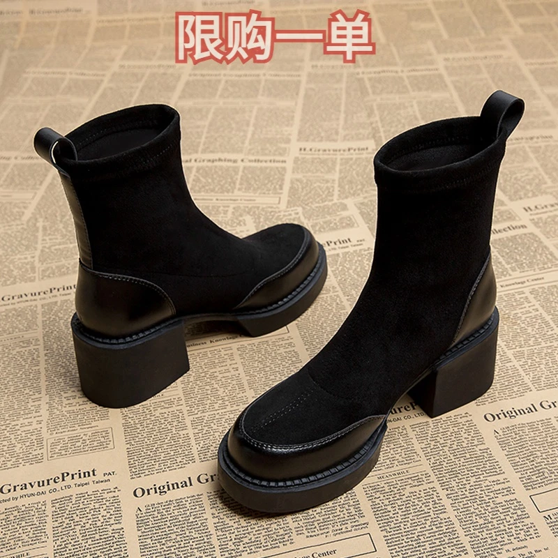 红蜻蜓牌秋季百搭短靴女瘦瘦靴潮绒面厚底马丁靴子女粗跟2023新款