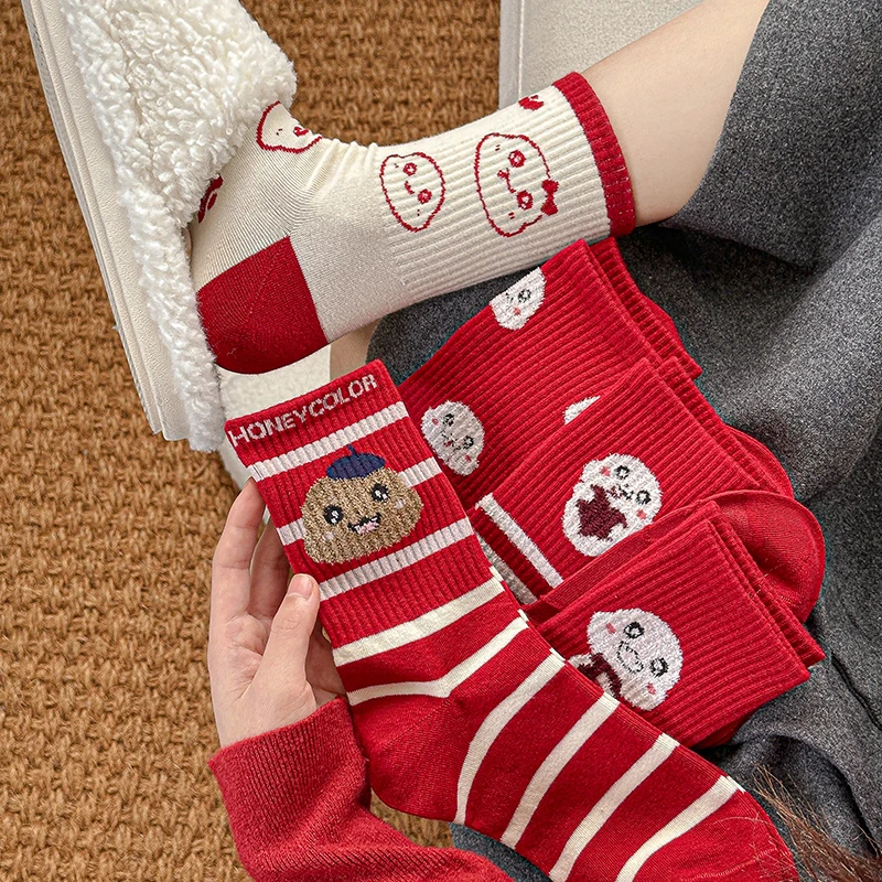 红色本命年袜子女可爱卡通蛇年中筒袜棉质堆堆袜长袜新年礼品袜子