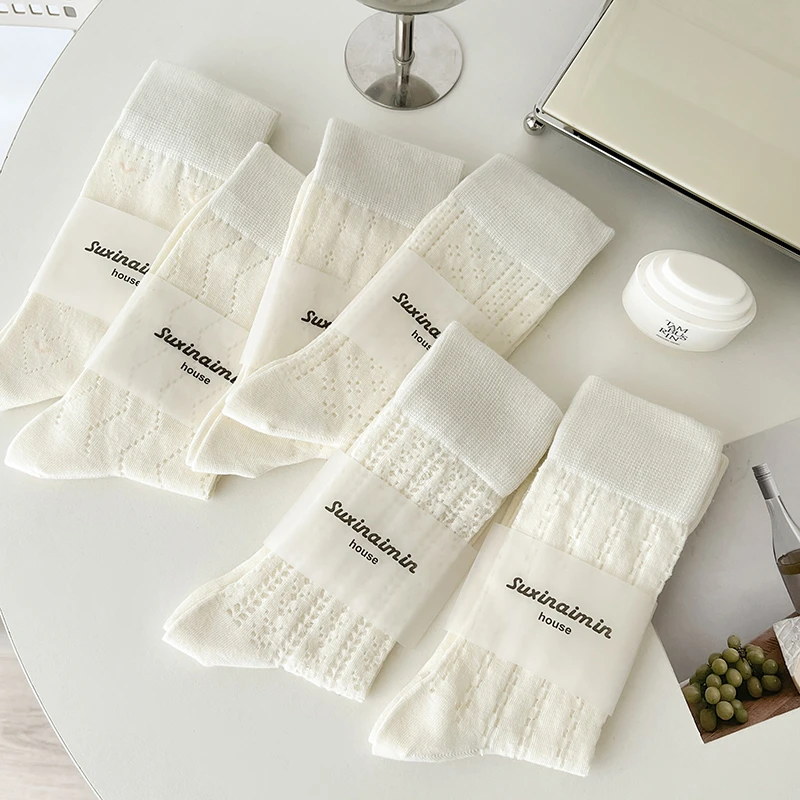 袜子女日系ins潮夏季薄款新疆棉中筒袜可爱奶油色镂空网眼堆堆袜