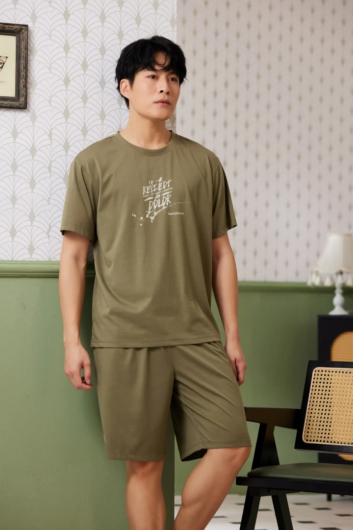 亲亲吾衣男士冰岛丝家居服夏季套装短裤男款圆领