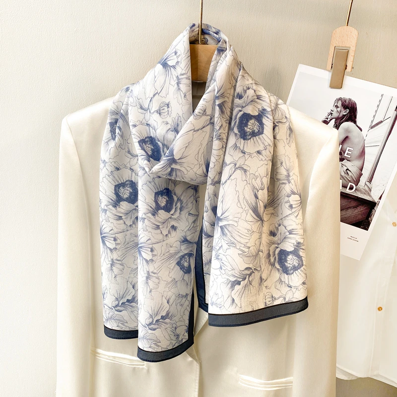 新款素描牡丹国风真丝长条丝巾春秋百搭装饰领巾薄款桑蚕丝围巾女
