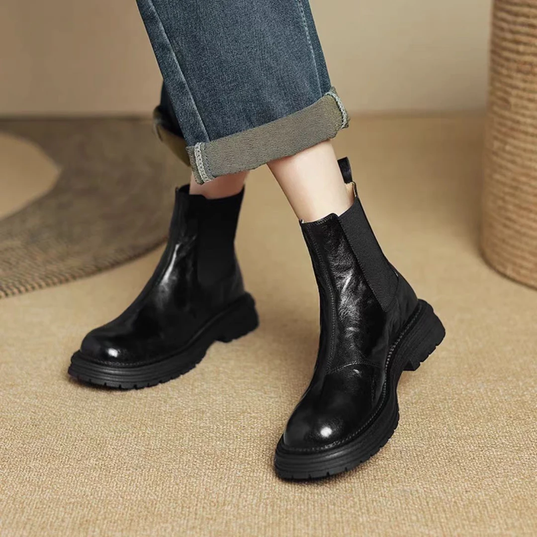 软皮复古圆头厚底英伦风切尔西靴短靴女单靴中筒褶皱烟筒靴马丁靴