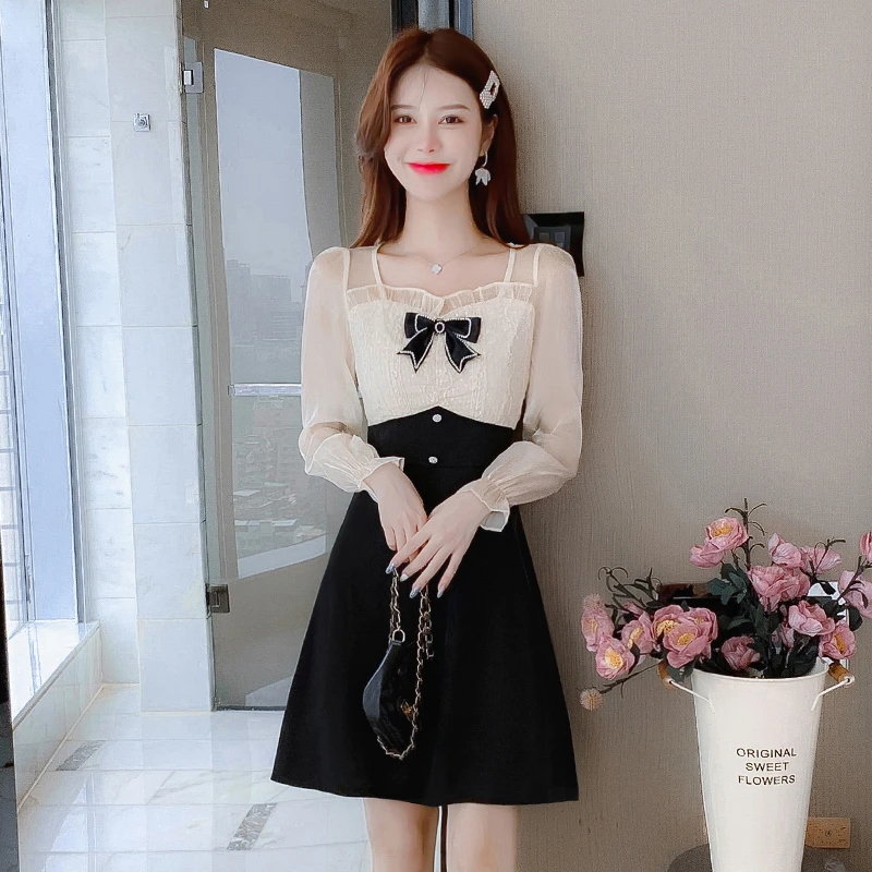 早秋新款女装气质打底小黑裙150cm155小个子秋冬赫本风长袖连衣裙