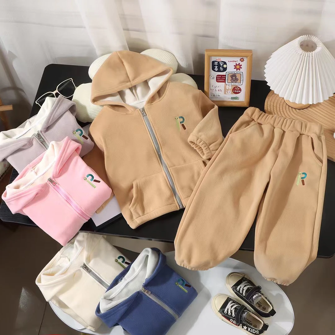 儿童奥利绒2024连帽卫衣套装加绒加厚新款秋冬女童外套宝宝两件套