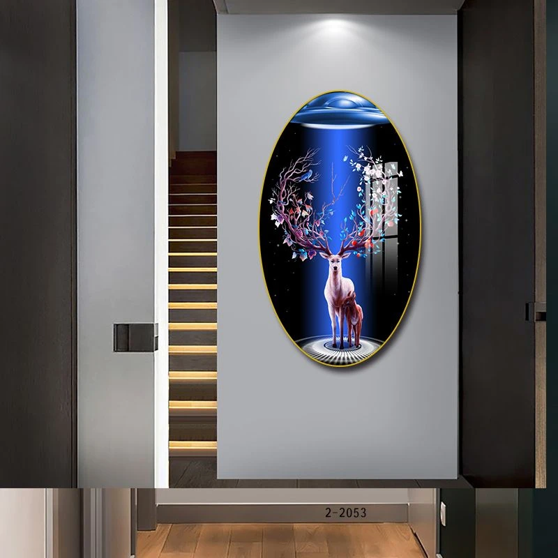 轻奢玄关装饰画客厅走廊过道椭圆形创意挂画入户现代简约麋鹿壁画