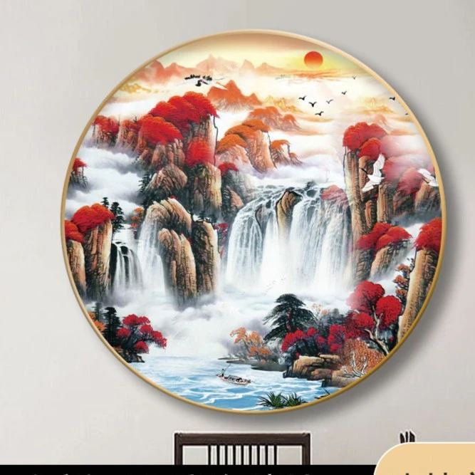 新中式入户玄关装饰画圆形山水画灯画客厅风景画走廊过道茶室挂画
