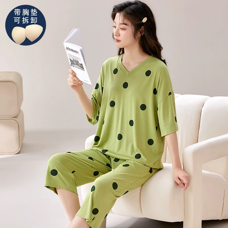 加肥加大码睡衣女带胸垫套装夏季莫代尔短袖七分裤宽松薄款家居服