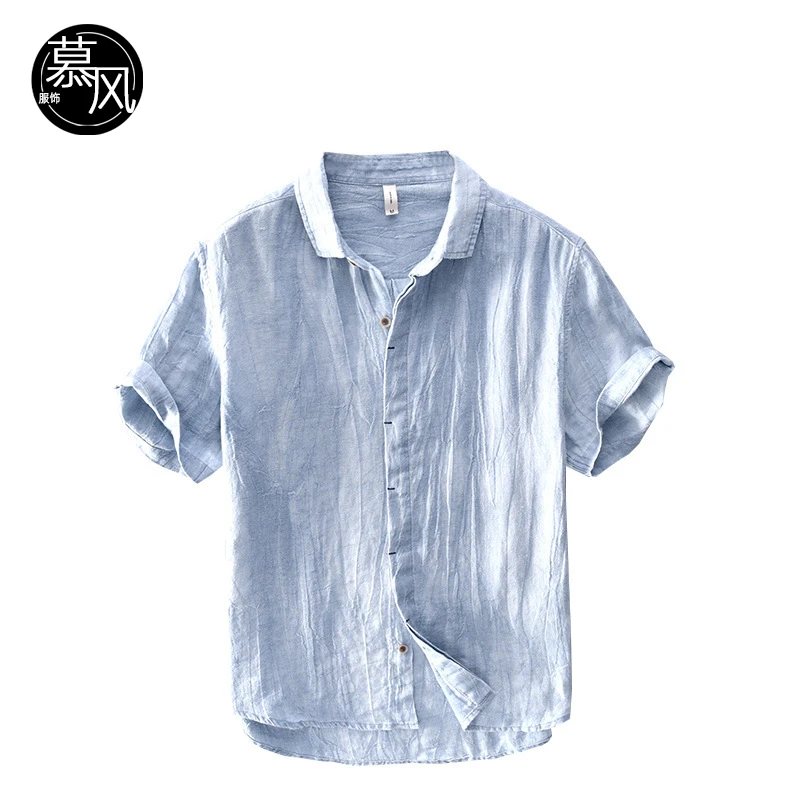 国风复古压皱短袖亚麻衬衫男士夏季休闲青年透气宽松半袖棉麻衬衣