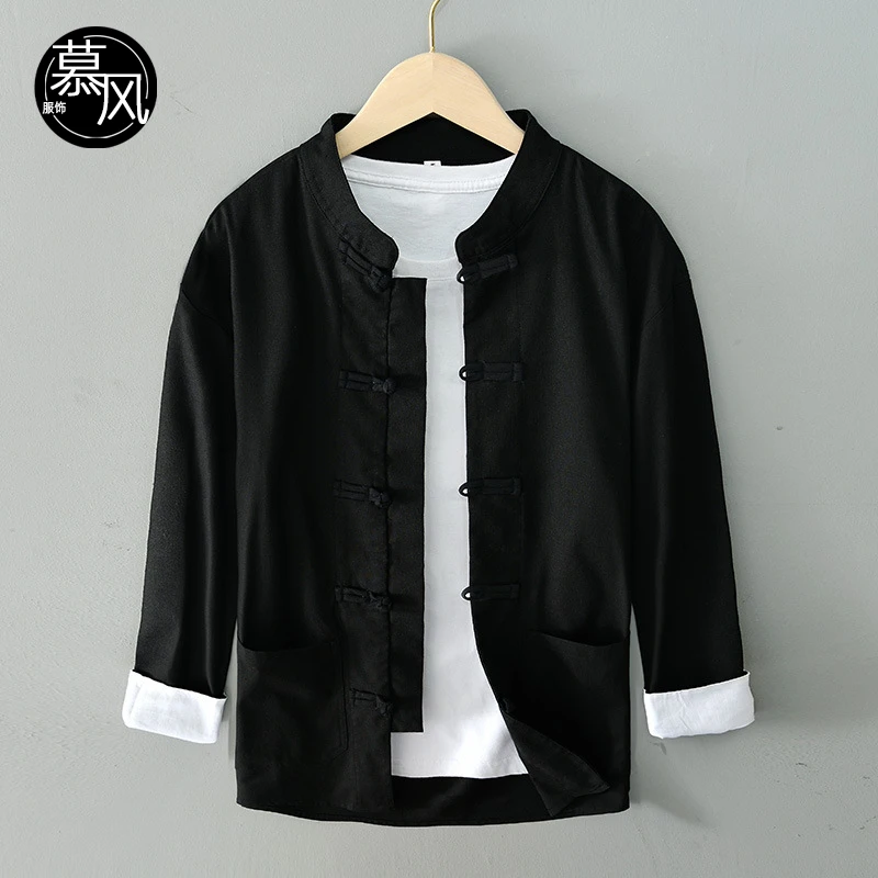 秋季男士棉麻衬衫中国风男装唐装长袖盘扣衬衣棉麻外套923