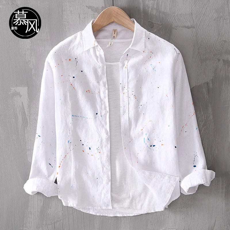 亚麻衬衫男长袖秋季新款百搭文艺休闲宽松衬衣设计感时尚上衣