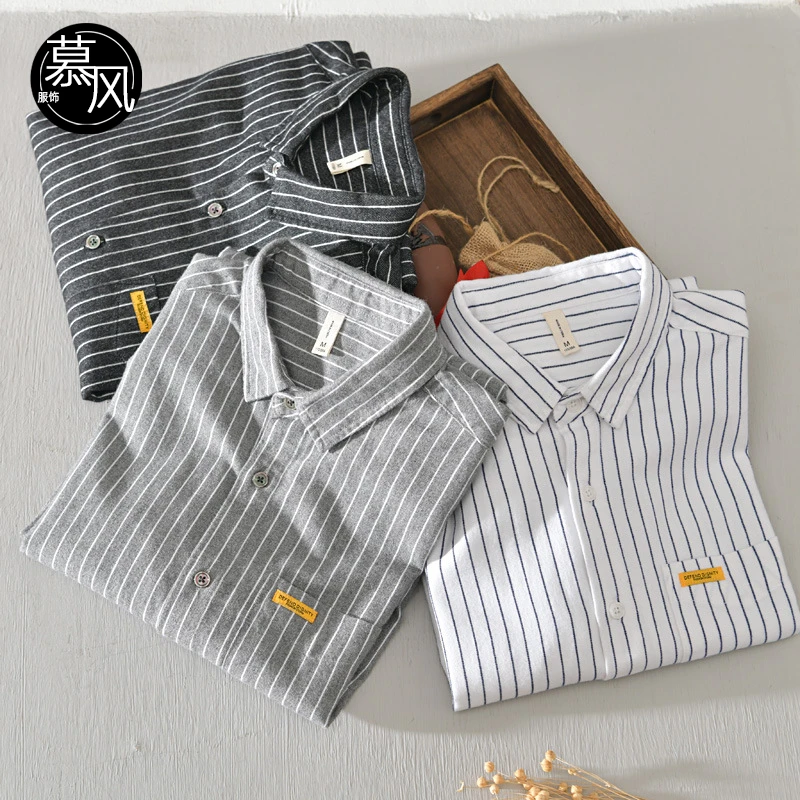 日系宽松男士休闲条纹衬衫全棉韩版潮流百搭纯棉长袖衬衣外套838