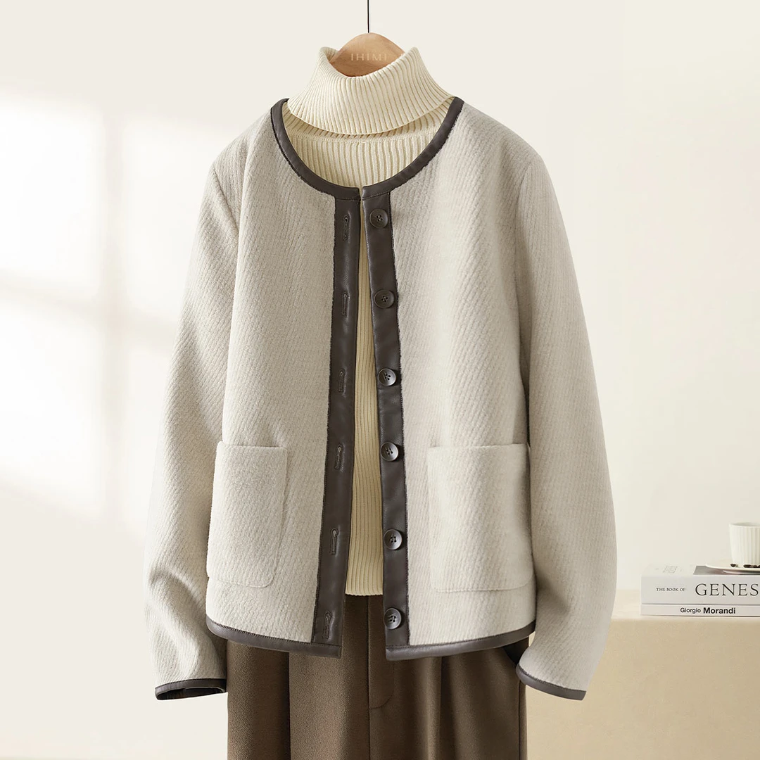 IHIMI/海谧23冬新款女装简约加厚气质精致外套圆领小香风宽松休闲