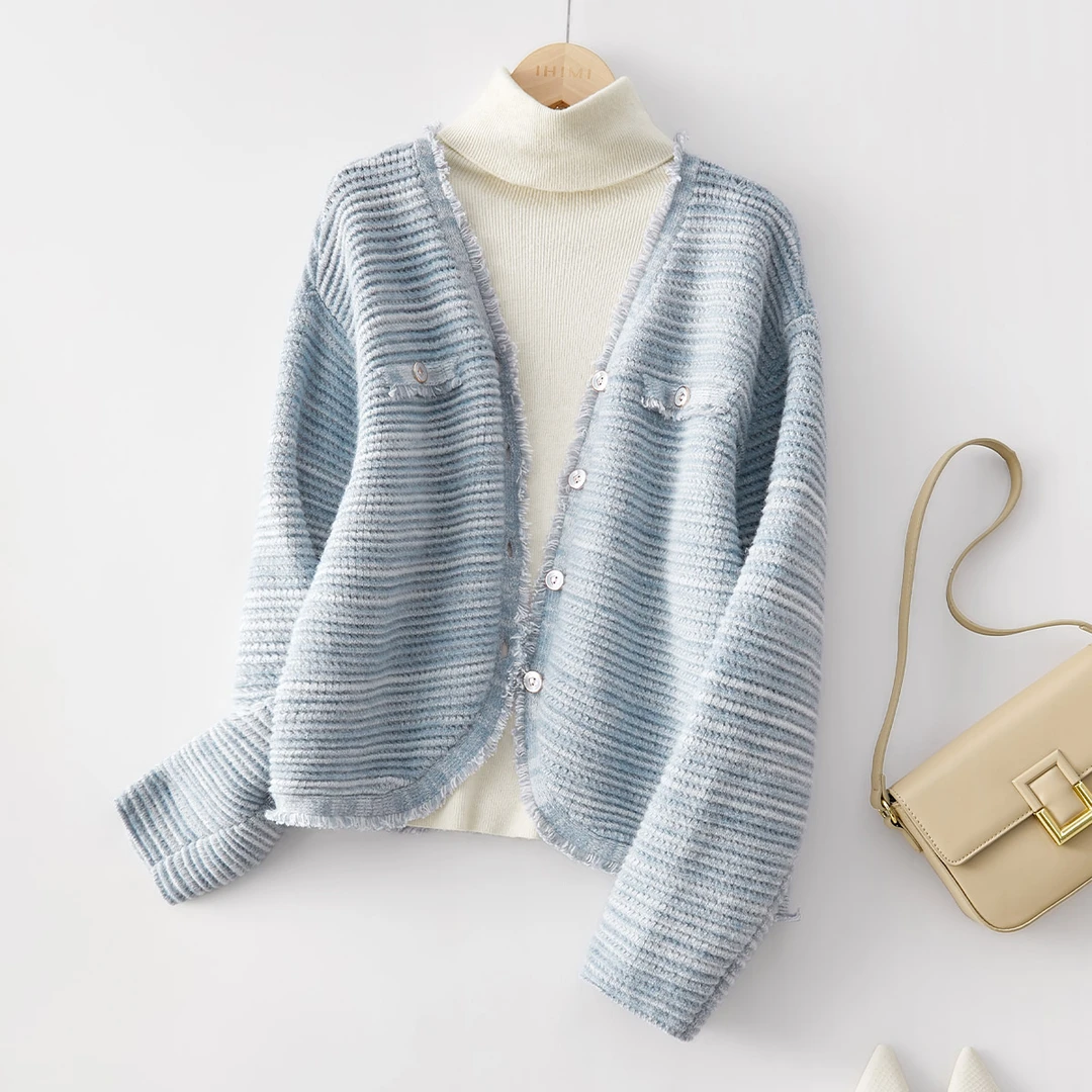 IHIMI/海谧小香风流苏针织外套2025春季V领慵懒风软糯短款针织衫