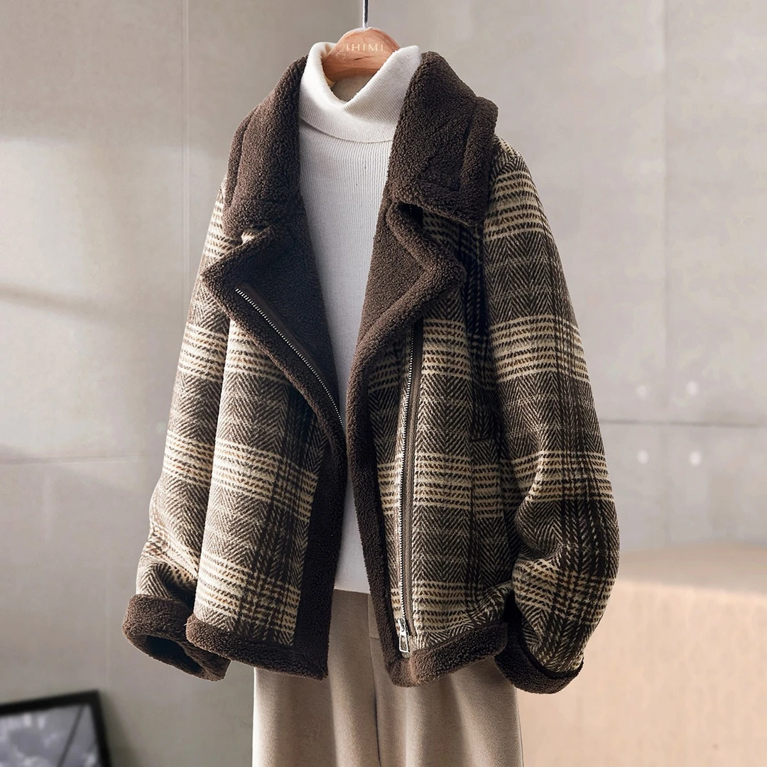 IHIMI/海谧格纹厚绒外套2025春季季宽松加绒加厚短款保暖外套女款