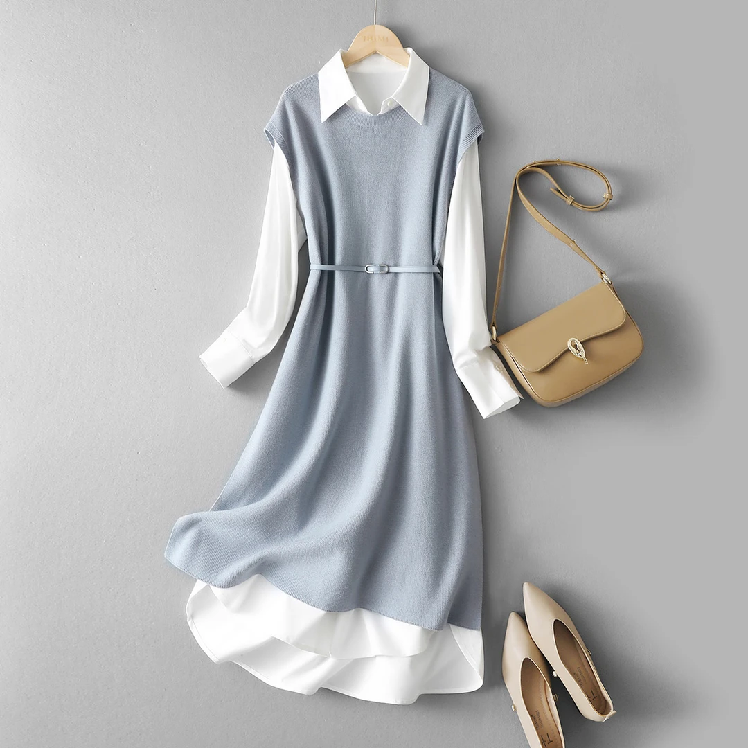IHIMI/海谧简约气质马甲翻领衬衫裙2025春女气质套装连衣裙0837