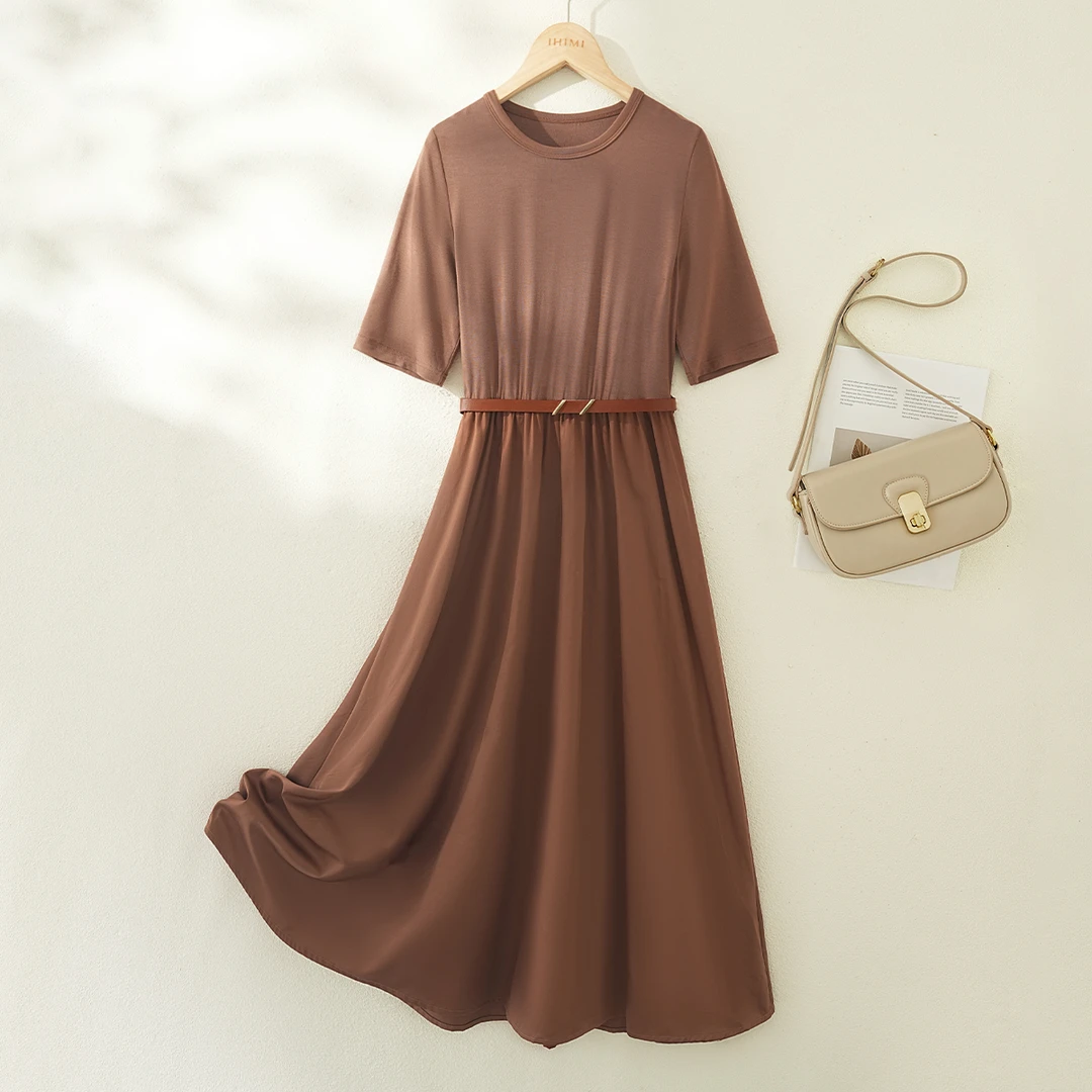 IHIMI/海谧宽松连衣裙2025早秋新款收腰五分袖U型领连衣裙女8044