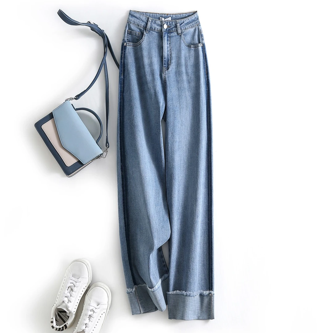 IHIMI/海谧弹力裤女2024春季直筒撞色毛边设计牛仔裤0003