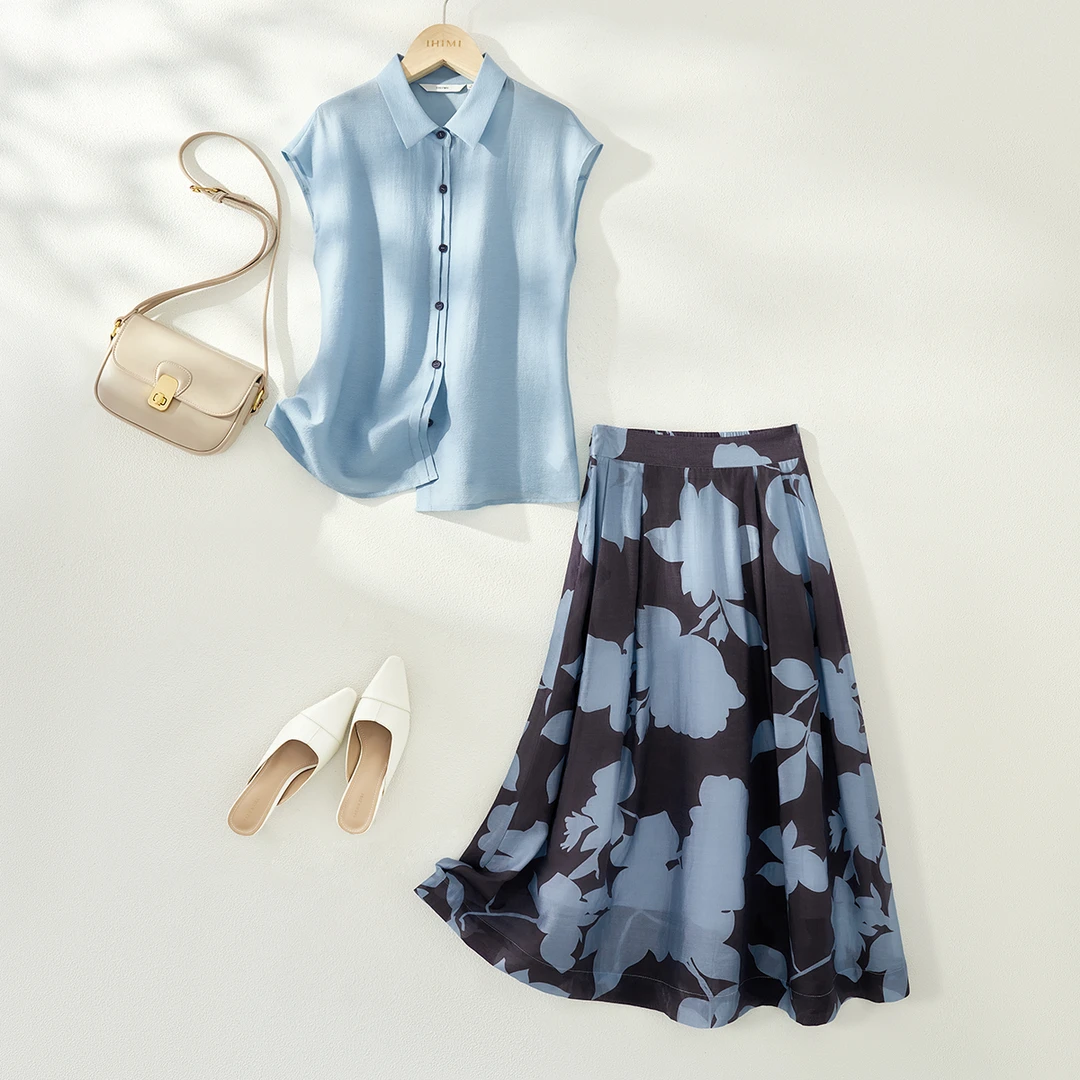 IHIMI/海谧【墨山繁花】短袖套装新款清新印花质感套装夏女通勤穿搭