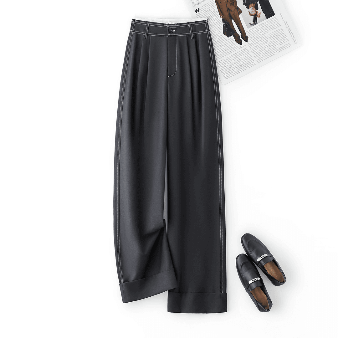【收褶撞线设计感翻边休闲松弛感阔腿裤】2024秋女阔腿拖地裤