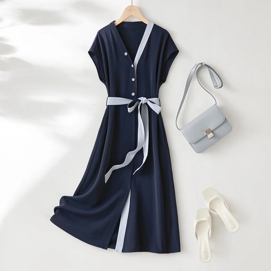 IHIMI/海谧24夏新款气质设计感连衣裙V领拼接撞色收腰气质连衣裙