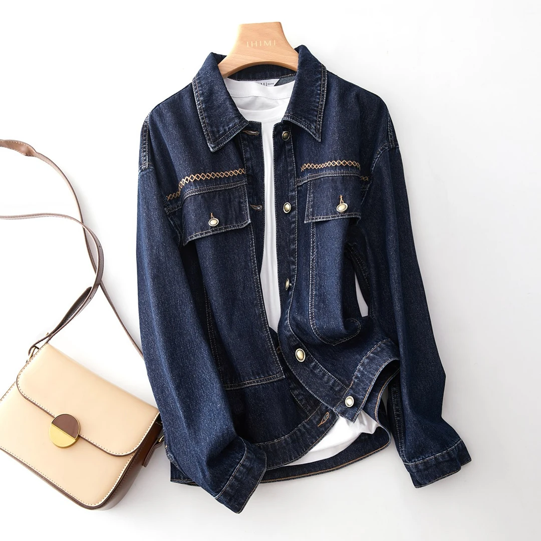 IHIMI/海谧短款牛仔夹克女2023复古时髦小个子百搭短外套春秋0544