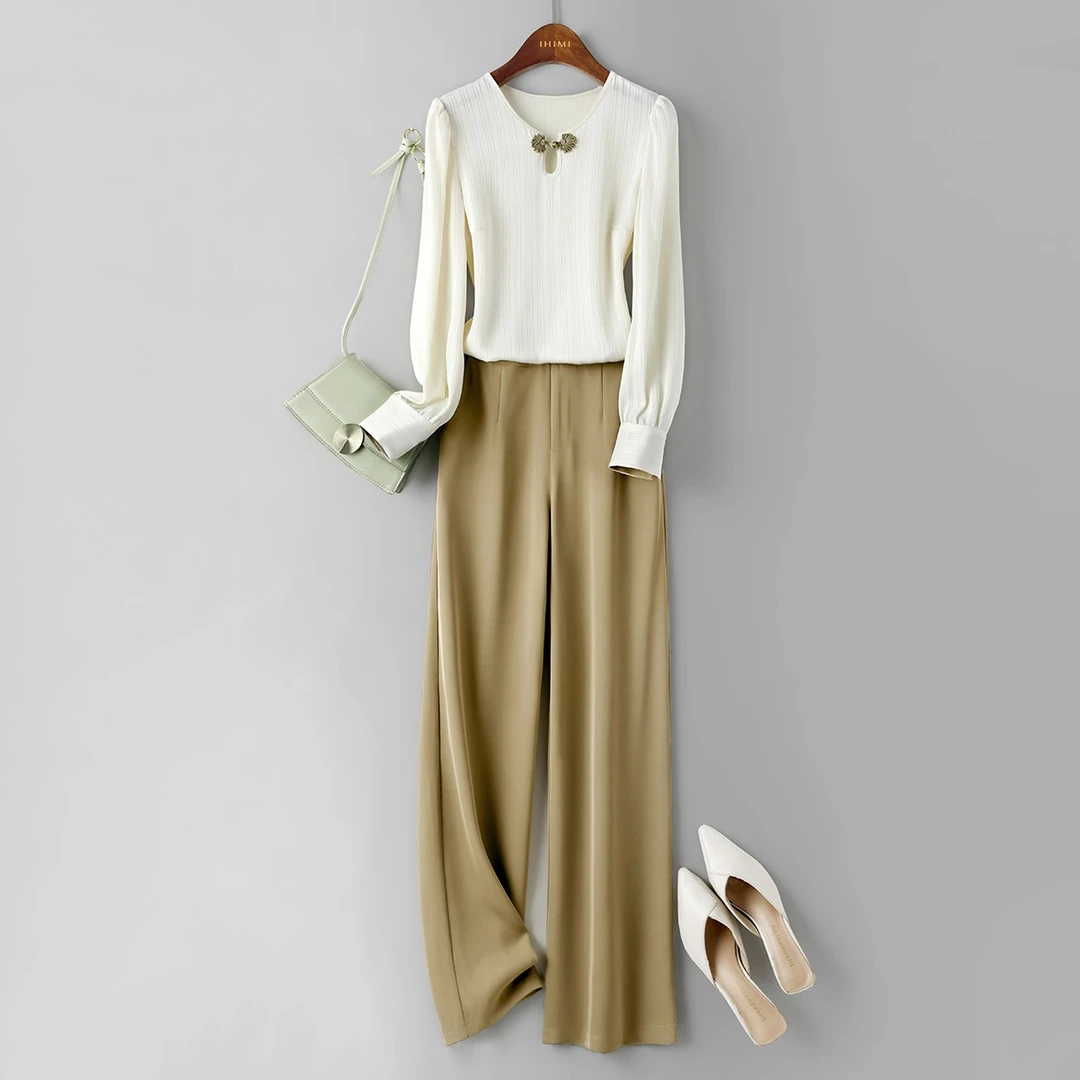 IHIMI上衣衬衫休闲裤子2023秋季新款女新中式设计感小个子套装