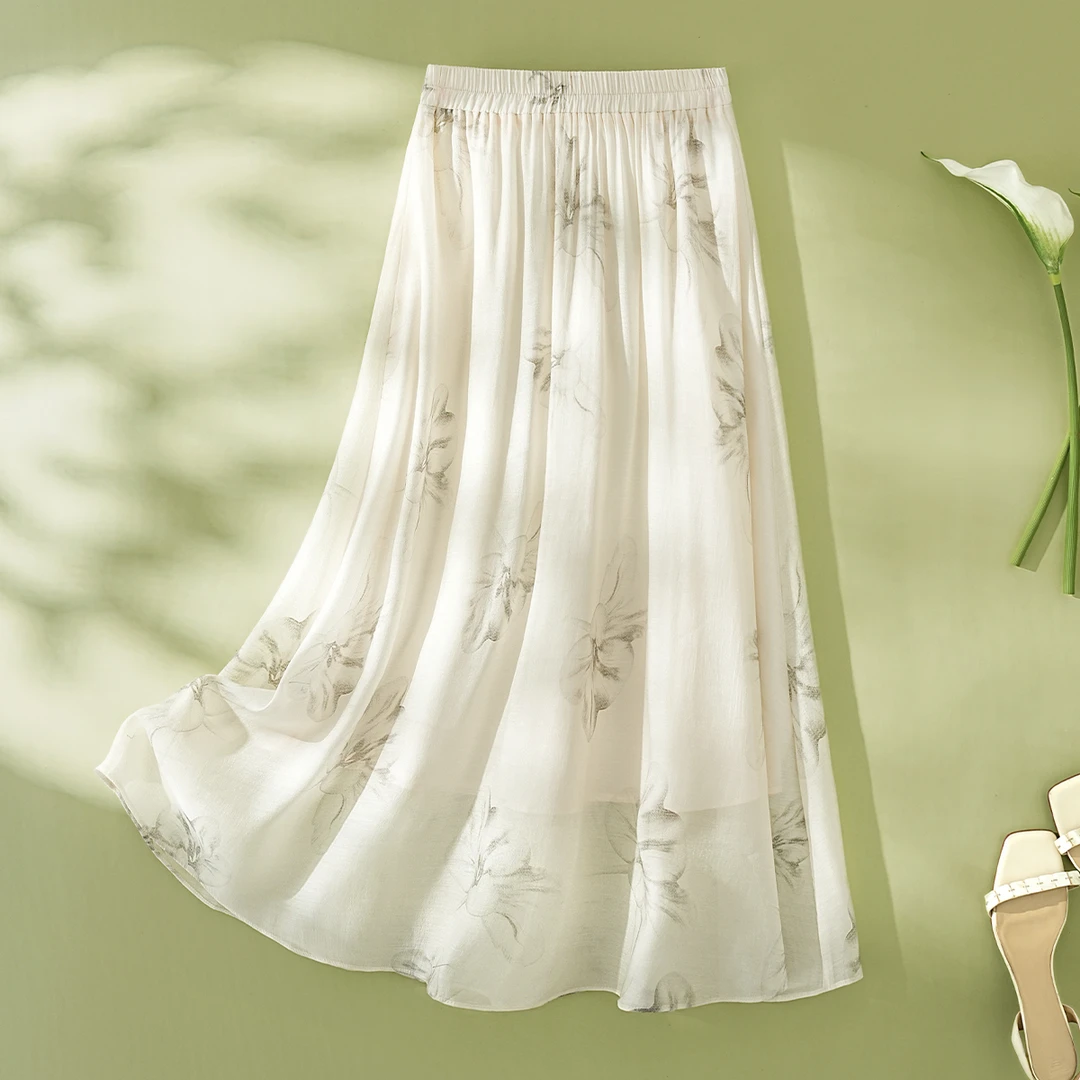 IHIMI/海谧水墨国风半身裙2025夏季百搭大花朵网纱A字半身长裙女